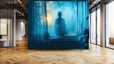 A mysterious silhouette appears behind a foggy window, creating an eerie ambiance in a dimly lit room with a cozy lamp. Wall mural