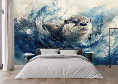 A playful otter swims joyfully through vibrant blue waves, capturing the essence of marine life in a stunning natural setting. Wall mural