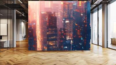 A stunning urban skyline illuminated by evening lights, showcasing modern architecture and vibrant colors under a twilight sky. Wall mural