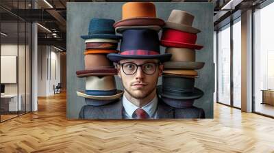 A stylish man wearing glasses poses with a variety of hats stacked behind him, showcasing a unique fashion statement. Wall mural