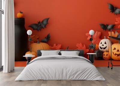 A vibrant Halloween scene featuring pumpkins, bats, autumn leaves, and decorative elements in warm orange tones. Wall mural