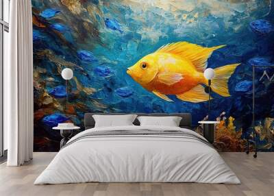 A vibrant yellow fish swims gracefully amidst a colorful underwater scene, showcasing the beauty of marine life. Wall mural