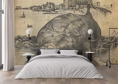 Aspidochelone: A giant sea creature from medieval bestiaries, often depicted as a massive turtle or whale that is mistaken for an island. Wall mural