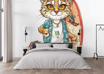 Bobcat Surfer Style animal fashion cartoon isolated whitebackground 16:9 Wall mural