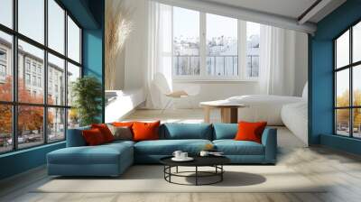 Bright and airy living room with modern furniture, large windows, natural decor, and minimalist design. Wall mural