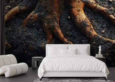 Detailed view of tree roots emerging from rich, dark soil, showcasing the connection between nature and earth in a serene environment. Wall mural