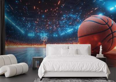 Dynamic basketball scene with an orange ball rolling across a polished wooden court, illuminated by vibrant blue lights. Wall mural