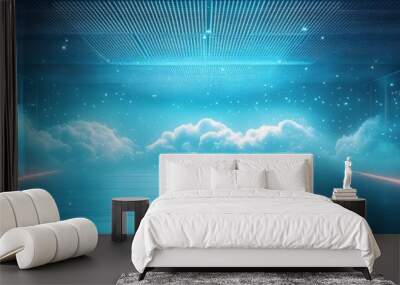 Futuristic abstract space with glowing blue light and fog, creating a mystical atmosphere for tech or sci-fi themes. Wall mural