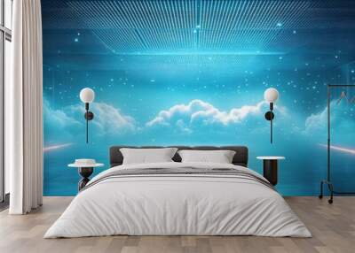 Futuristic abstract space with glowing blue light and fog, creating a mystical atmosphere for tech or sci-fi themes. Wall mural