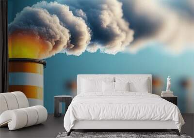 Industrial smokestack emitting thick smoke against a clear sky, symbolizing pollution and environmental impact. Wall mural