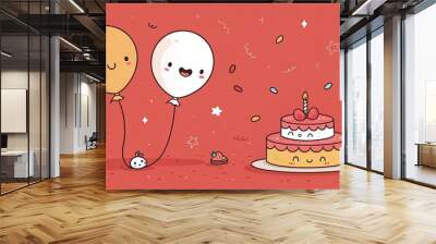 minimalist cute cartoon birthday red background Wall mural