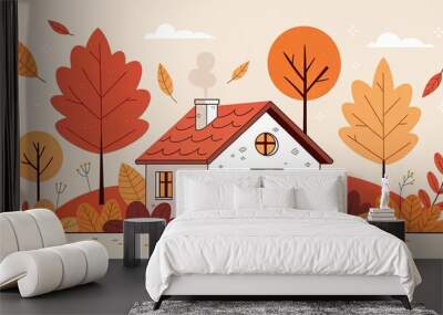 minimalist cute cartoon fall leaves house background Wall mural