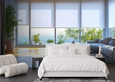 Modern living room with large windows, stylish furniture, and greenery, offering a bright and inviting atmosphere. Wall mural