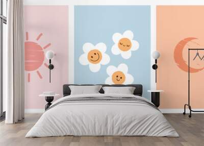 Pink sun, daisy cartoons and orange moon vector illustration. Cute wall art decoration. Wall mural