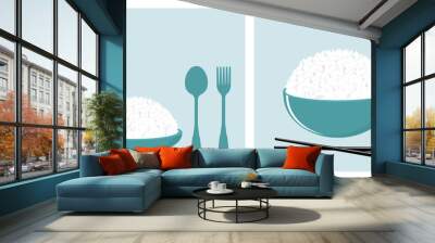 Rice dish, rice bowl, spoon, fork and chopsticks on green backgrounds vector.  Wall mural