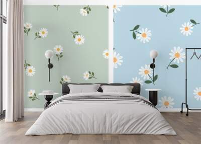 Seamless pattern of daisy flower with green leaves on green and blue backgrounds vector illustration. Cute floral print. Wall mural