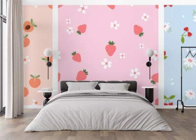 Seamless pattern of peach fruit, strawberry, heart shape cherry with green leaves and white flower on orange, pink and blue backgrounds vector. Set of cute fruit prints. Wall mural