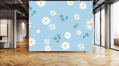 Seamless pattern with daisies and wild flower on blue background vector illustration. Cute floral print. Wall mural