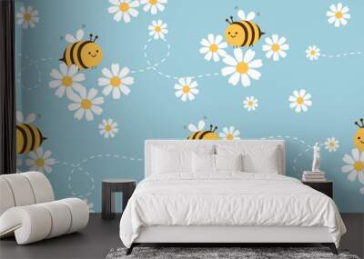 Seamless pattern with daisy flower and bee cartoons on blue background vector. Wall mural