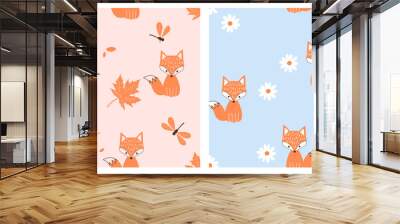 Seamless pattern with fox cartoons, maple leaves, dragonflies and daisy flower on orange and blue background vector. Wall mural