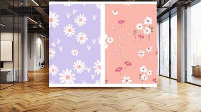 Seamless pattern with hand drawn daisy flower, hearts, dots and green leaves on purple and pink background vector illustration. Cute floral print. Wall mural