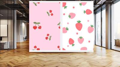 Seamless pattern with heart shape cherries on pink background.  Seamless pattern with strawberry and little flower on white background  Wall mural