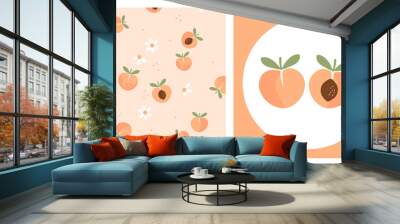 Seamless pattern with peach fruit, green leaves and white flower on orange background vector. Peach fruit icon sign vector. Wall mural