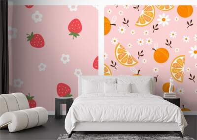 Seamless pattern with strawberries and daisy flower on pink backgrounds vector illustration. Seamless pattern with orange fruit and branches on pink background vector illustration. Wall mural