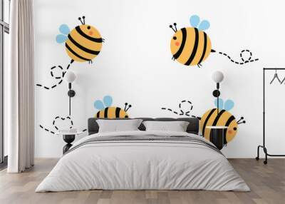 Set of bee cartoon with dot line isolated on white background vector. Wall mural