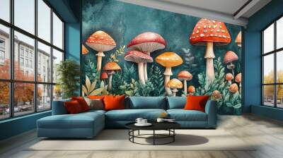 Vibrant illustration of various mushrooms surrounded by lush foliage in a mystical forest setting. Wall mural