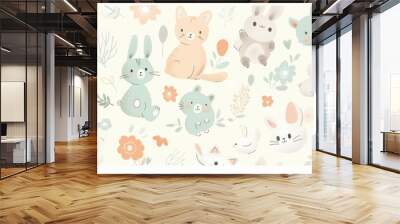 A seamless pattern featuring cute pastel-colored cartoon animals, including bunnies, bears, and kittens, with soft and soothing background tones Wall mural