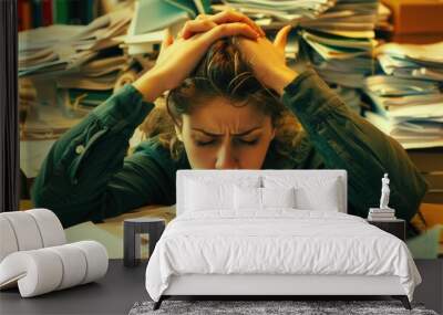 An image of a person holding their head in their hands, their eyes closed in exhaustion, while seated at a cluttered desk strewn with paperwork. Wall mural