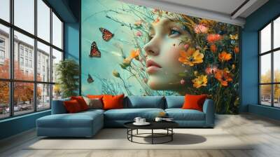 Ethereal woman surrounded by vibrant flowers and butterflies Wall mural