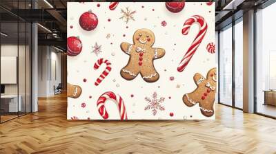 Festive gingerbread cookies and candy canes pattern Wall mural