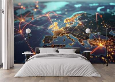 Global supply chain network with interconnected shipping routes and distribution hubs. Wall mural