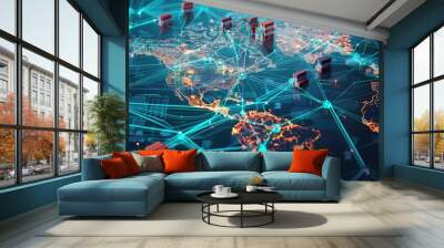 Global supply chain network with interconnected shipping routes and distribution hubs. Wall mural