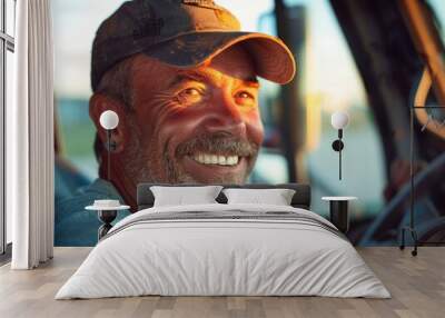 Happy Truck Driver with Wide Smile at Sunset Background Wall mural