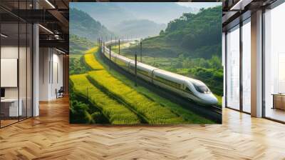 High-speed train gliding through verdant countryside, exemplifying the harmony between modern transportation and the beauty of nature. Wall mural