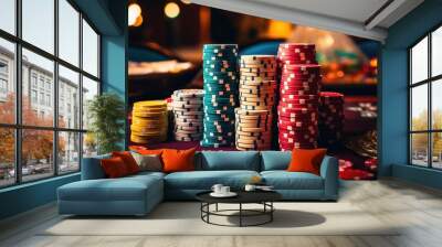 Immersive Casino Table Close-Up: Vibrant Poker Chips and Cards With Rich Textures Wall mural