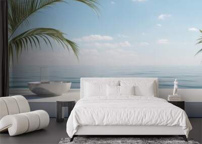 Minimalist Summer Beach Podium with Water Ripples and Palm Leaves | 3D Rendering Against White Wall Wall mural