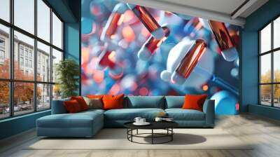 Precision medicine research, detailed view of drug molecular structure and clinical testing samples Wall mural