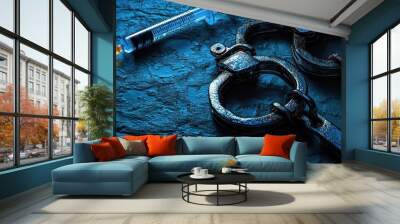 Symbolic representation of crime and addiction with handcuffs and syringe Wall mural