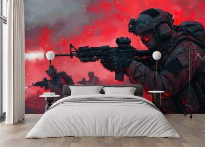 Tactical Soldier Commanding Squad in Combat Zone Cartoon Illustration Wall mural