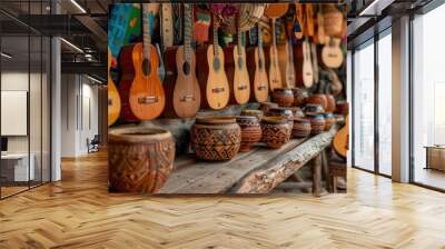 Vibrant Display of Traditional Hispanic Musical Instruments - Guitar, Maracas, Bongos | Cultural Music Photography with Sony A7 IV Wall mural