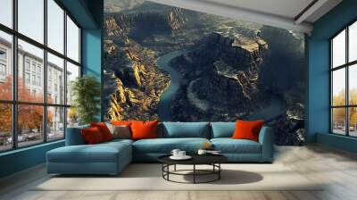 Aerial view of a winding river through dramatic canyon landscape, bathed in golden sunlight. Wall mural