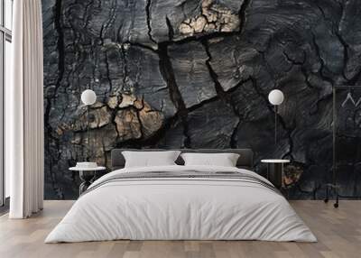 Charred wood texture with deep cracks and weathered patterns, showcasing nature's resilience. Wall mural