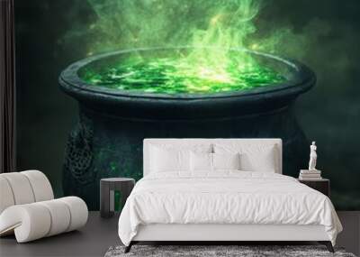 toxic witch cauldron Enigmatic Black Cauldron with Glowing Green Brew Wall mural