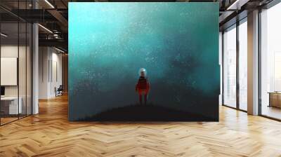 an astronaut standing on the top of mountain and looking to night sky, many stars in the fog, digital art illustration painting. Wall mural