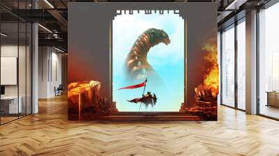 Digital illustration painting design style a dragon slayer standing in front of cave of dragon. Wall mural