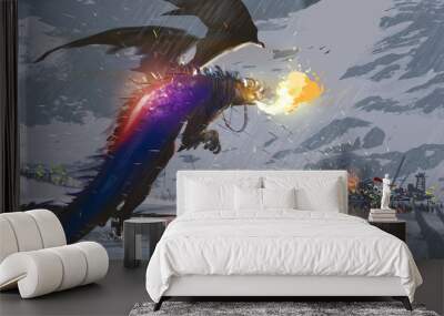 Digital illustration painting design style a huge dragon flying over snow and destroying a city with its fire, against snow mountains. Wall mural